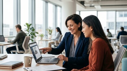 Fototapeta premium Two women reviewing business analytics on laptop in modern office. Teamwork, data analysis, and professional collaboration concept.