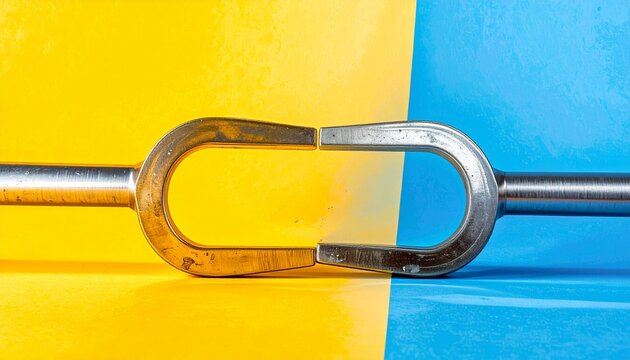 Two horseshoe magnets side by side on diagonal yellow-blue background, one with red and blue poles marked N and S, the other fully blue, symbolizing polarity, attraction, and repulsion in physics.