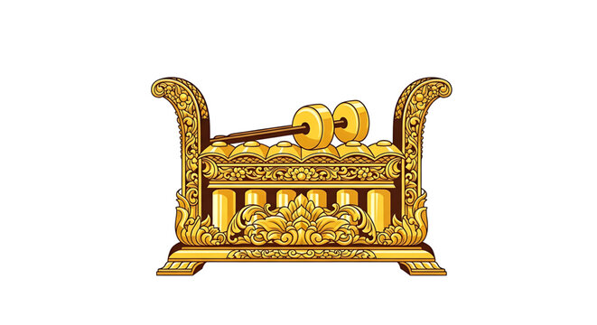 Traditional indonesian gamelan instrument saron, ornate gold metal percussion instrument