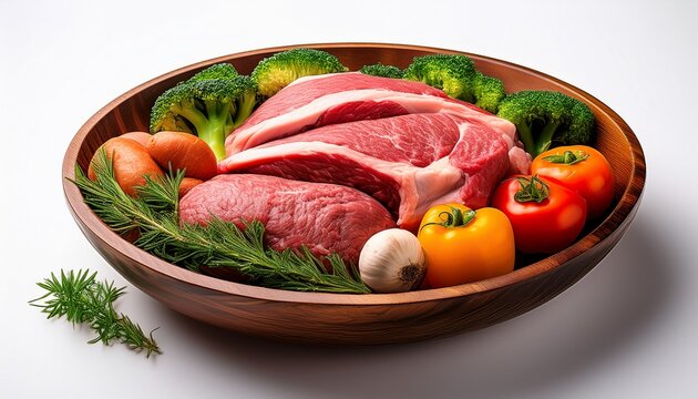 fresh raw meat and vegetables arranged in a wooden bowl on a white isolated background