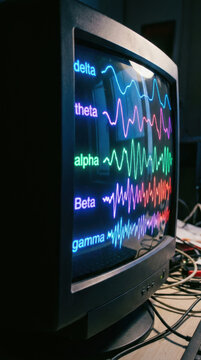 Brain science neurotechnology display shows colorful brainwave patterns on monitor with delta theta alpha beta gamma waves