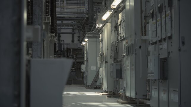 Electrical power substation with rows of control panels and switchgear providing essential energy distribution and sophisticated industrial technology in a modern facility