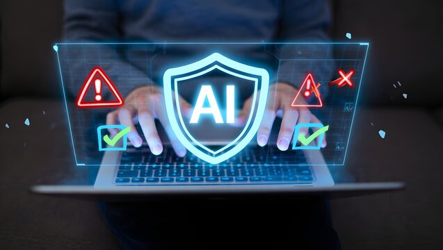 Ai security shield icon glowing on a laptop screen at night illustration