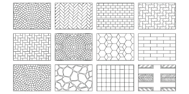 Set of black and white geometric paving patterns for architectural floor design and landscape construction projects