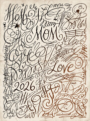 Obraz premium Hand drawn typography art celebrating mother's day 2026 with intricate lettering and decorative symbols in a vintage style