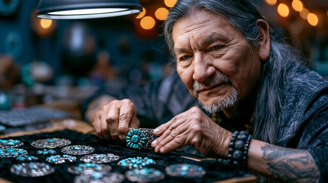 A Navajo silversmith in a minimalist studio workshop pressing turquoise stones into a cuff bracelet under a focused task lamp, finished pieces arranged on black velvet, ideal for indigenous artisan,