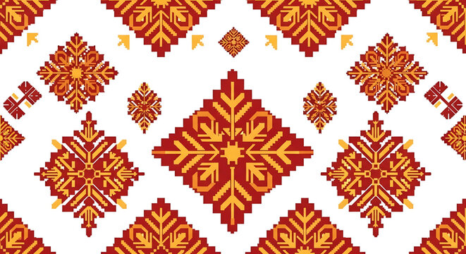 Traditional ethnic geometric pattern, seamless background with red and yellow folk motifs