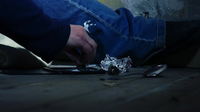 Addict cutting illegal drugs in dark room