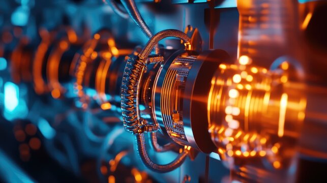 Quantum processor hardware with glowing orange and blue lights, representing advanced technology, scientific innovation, and futuristic digital computing concepts