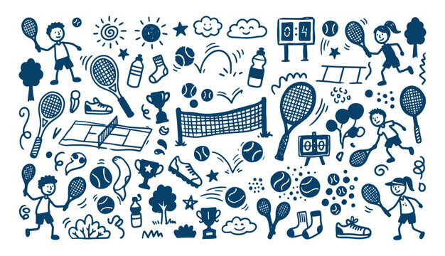 Hand drawn tennis match doodle elements including scoreboard players trophies and sports gear in line art