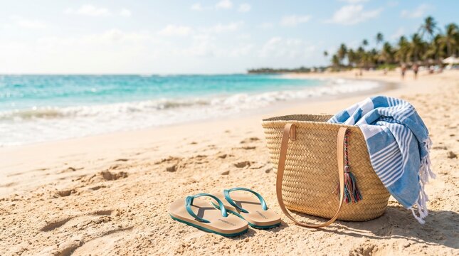 Beach accessories including a bag and flip-flops on sandy shore  