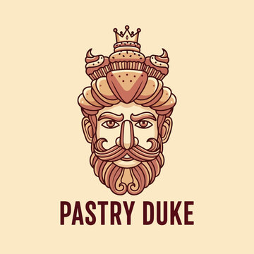 Creative logo design featuring a royal duke character with a head made of assorted pastries and a crown.