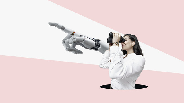 Businesswoman holding a binocular. Searching for information with AI support. planning and analysis concept.