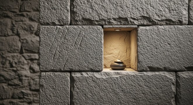 Rough-hewn stone wall with a softly lit recessed niche displaying a small decorative object