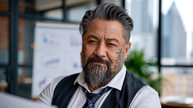 An Indigenous Maori man with facial ta moko tattoos in business attire presenting charts in a glass-walled boardroom, urban skyline visible through the window behind, ideal for indigenous leadership