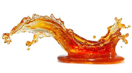 Fototapeta premium Dynamic splash of golden amber liquid isolated on a clean white background with droplets