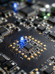 Fototapeta premium Electronic Circuit Board with Blue Glowing Lights
