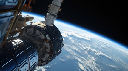 Fototapeta premium Space station module and robotic arm orbiting above a vibrant blue earth, showcasing advanced technology for global exploration and scientific research