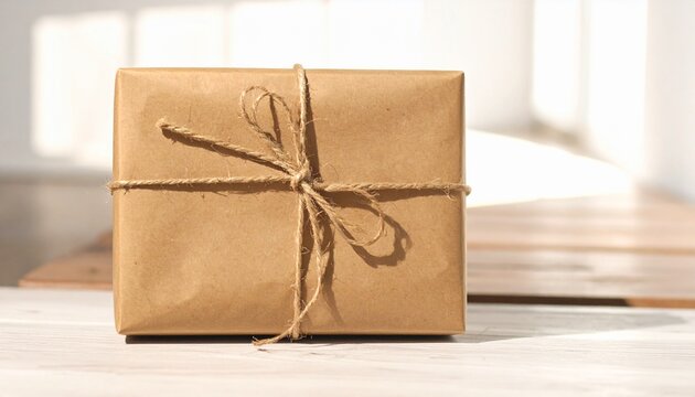 Rectangular package wrapped in brown kraft paper, tied with simple string bow, resting on light wooden surface with soft natural light, evoking rustic charm, handmade simplicity, and eco-friendly gift