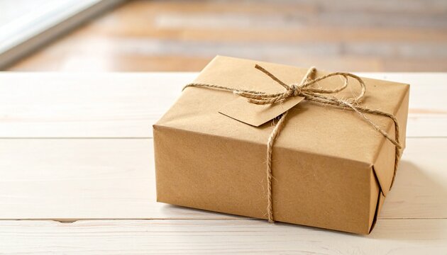 Rectangular package wrapped in brown kraft paper, tied with simple string bow, resting on light wooden surface with soft natural light, evoking rustic charm, handmade simplicity, and eco-friendly gift