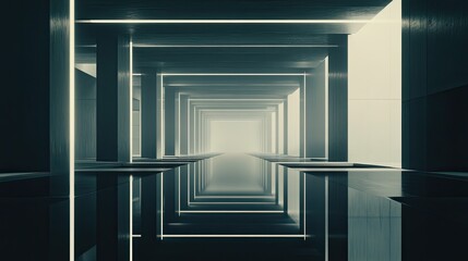 Fototapeta premium Long abstract tunnel structure with columns and illuminated light lines creating a vanishing point perspective, reflecting on the polished floor, conveying a sense of future and journey