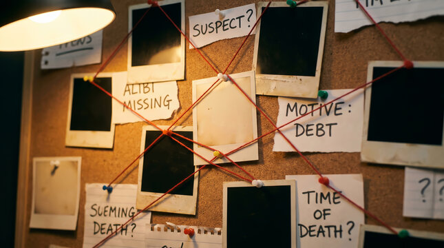 Investigation board with red string connecting photos and notes for detective mystery crime analysis and conspiracy evidence research on a corkboard with suspect motive and time of death clues.