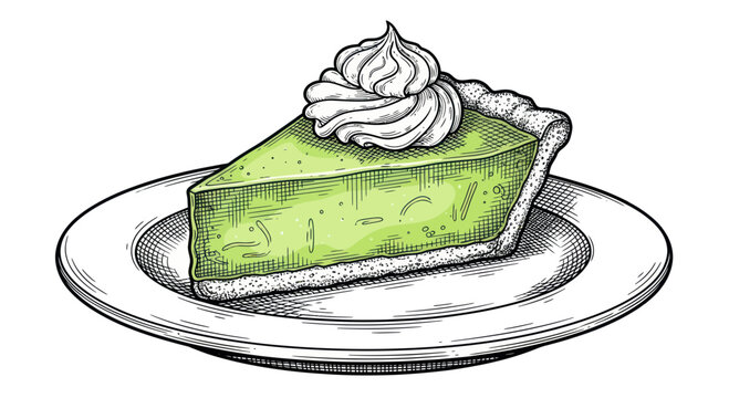 Slice of Key Lime Pie with Whipped Cream on Plate, Hand-Drawn Style