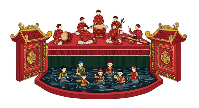 Vietnamese water puppet show with traditional musicians and performers