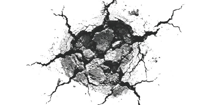 Large deep hole with heavy cracks and broken concrete surface texture