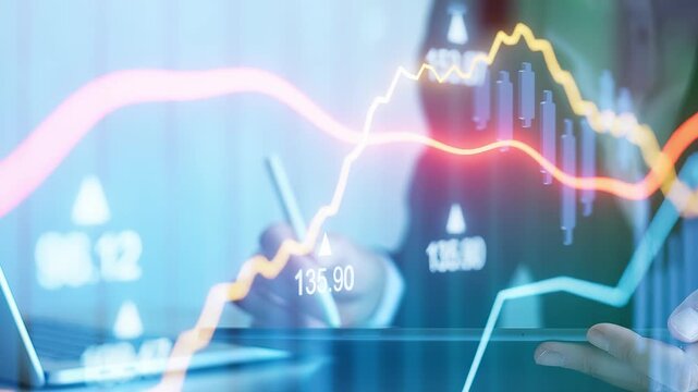 Market trends are displayed with graphs and lines as a person analyzes data in a business setting.