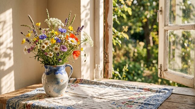 Fresh wildflowers in ceramic vase on rustic table by open window  