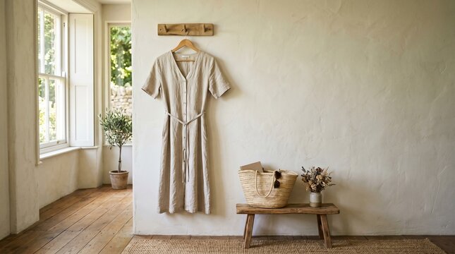 Light linen dress hanging in bright room with wooden accents  