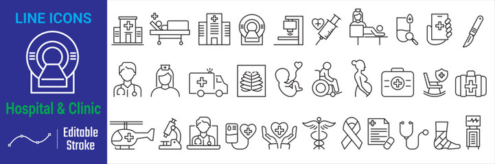 Hospital and Clinic line icon set. containing hospital, clinic, doctor, nurse, patient, ambulance etc. Hospital vector illustration. © Bee
