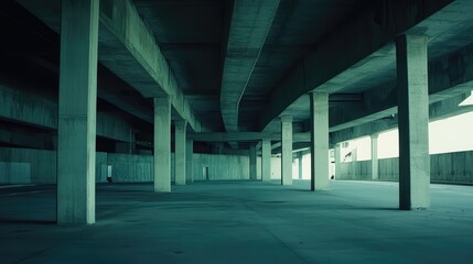 Naklejka premium Concrete pillars creating an imposing and repetitive geometric pattern under an elevated bridge structure, emphasizing industrial architecture and urban infrastructure