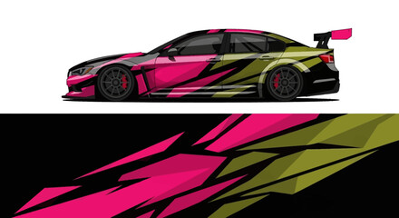 Fototapeta premium Vibrant stylized race car graphic with neon pink and yellow accents in profile view.