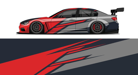 Fototapeta premium Sleek red and black racecar on a track with bold graphic livery and aerodynamic design.