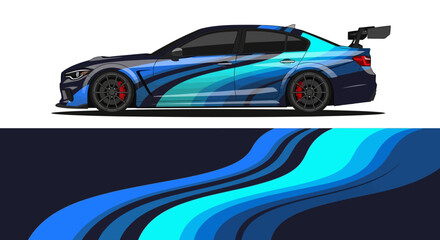 Fototapeta premium Animated blue racing car illustration with sleek curves and dynamic swooshes.