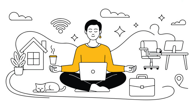 woman meditating with laptop and coffee at home with cat