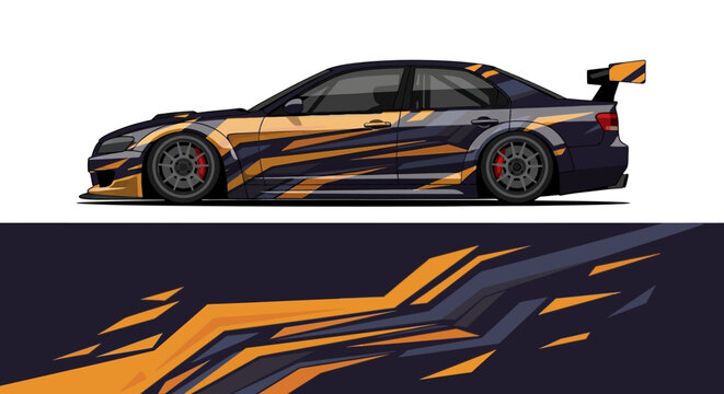 Side view of a sleek black race car with orange racing stripes and dynamic aerodynamic styling.