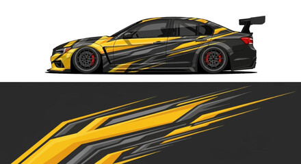 Side view of a striking yellow and black racecar with bold graphics and aerodynamic design. © Lailatul