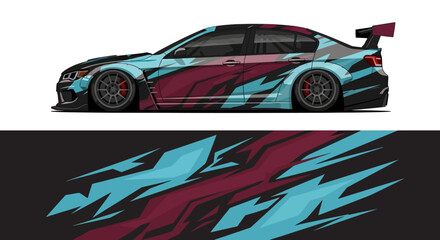 Obraz premium Stylized blue and maroon sports car illustration with dynamic geometric patterns and aerodynamic design.