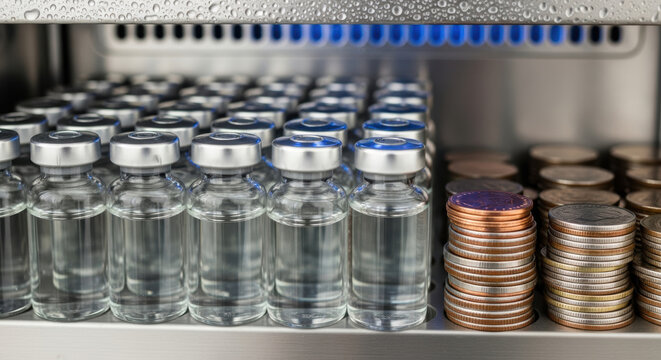 Healthcare innovation and spending drive progress shown by vaccine vials and stacked coins symbolizing medical investment