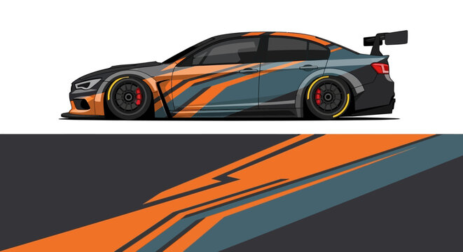 Sleek orange and gray race car illustration with dynamic stripes and spoiler.