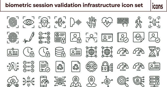 Biometric session validation infrastructure line icon set for identity authentication dashboard ui access security and privacy management interface