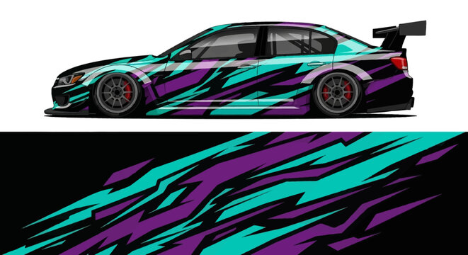 Stylized racing car with bold teal and purple graphic livery and aerodynamic rear wing.
