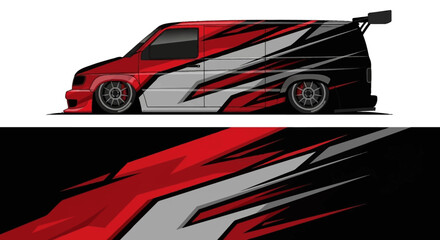 Obraz premium Stylized red and black graphic van with dynamic chrome accents and bold stripes.