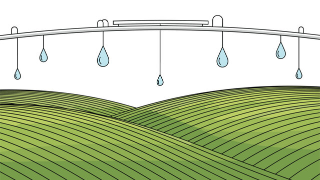 Detailed illustration of an automated overhead irrigation system watering a large field of green crops under a clear white sky.