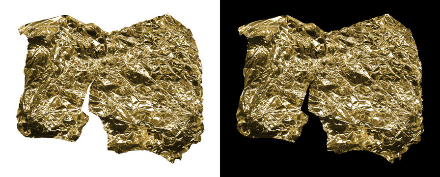 Abstract crumpled gold foil letter M isolated on transparent background.