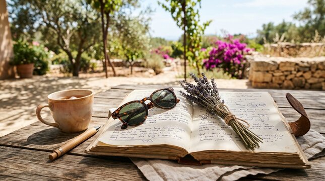 Relaxing outdoor scene with coffee, sunglasses, and an open book  
