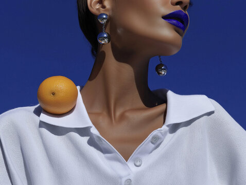 Elegant woman with metallic earrings and blue lipstick. High end fashion beauty editorial.